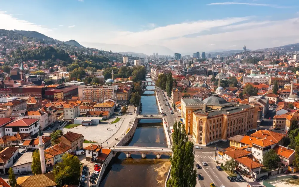 Aerial view of Sarajevo downtown and the old town Baščaršija